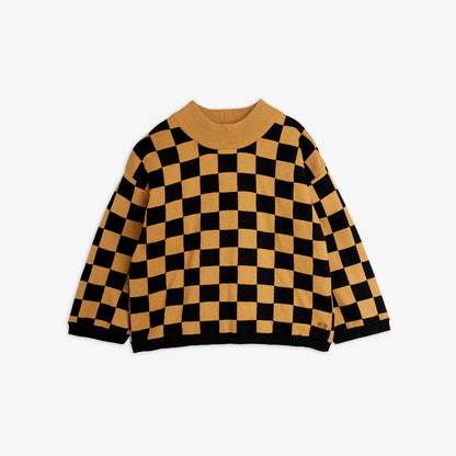 Jersey de niño marrón cuadros ajedrez, vista frontal.