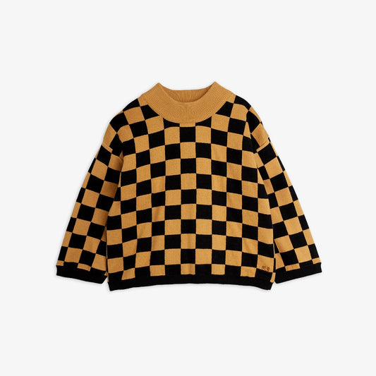 Jersey de niño marrón cuadros ajedrez, vista frontal.