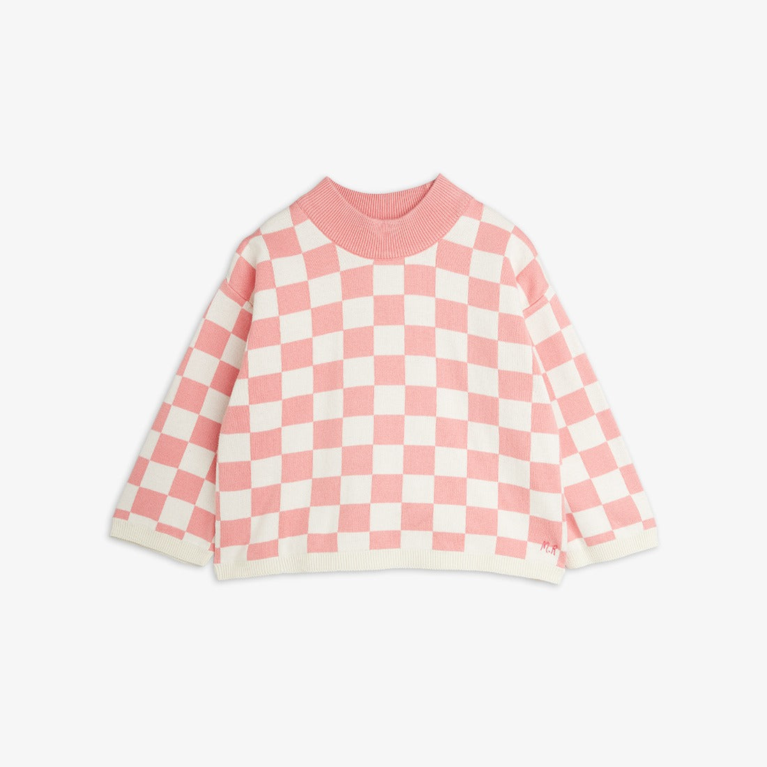 Jersey de niña rosa cuadros ajedrez, vista frontal.