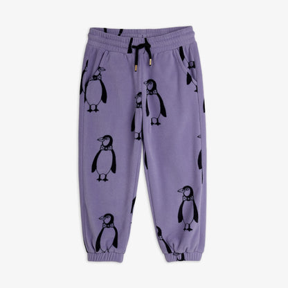 Pantalón de niño púrpura pingüinos, vista frontal.