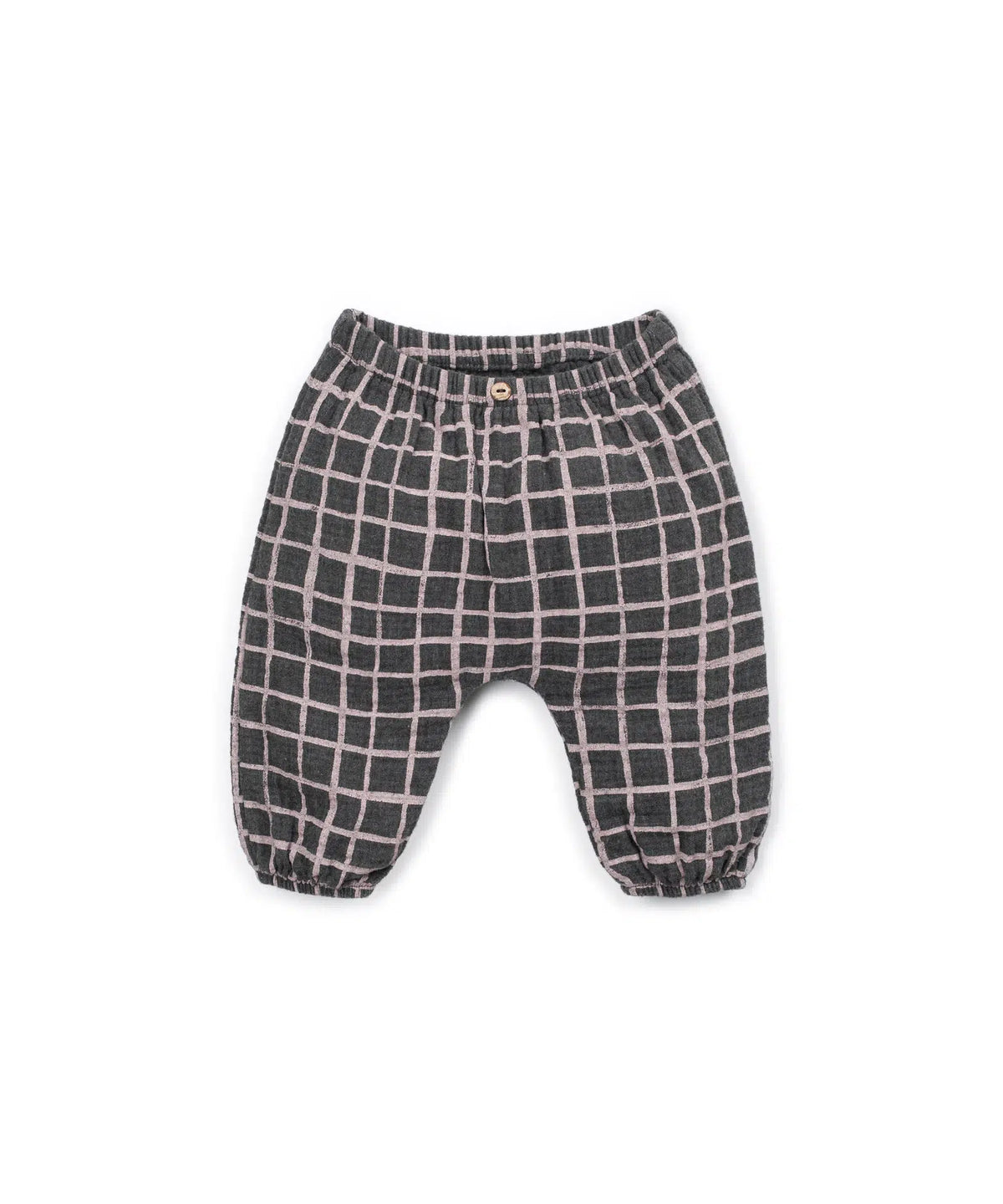 Pantalón Bebé Algodón Gris Cuadros Rosas de Play Up - vista frontal.