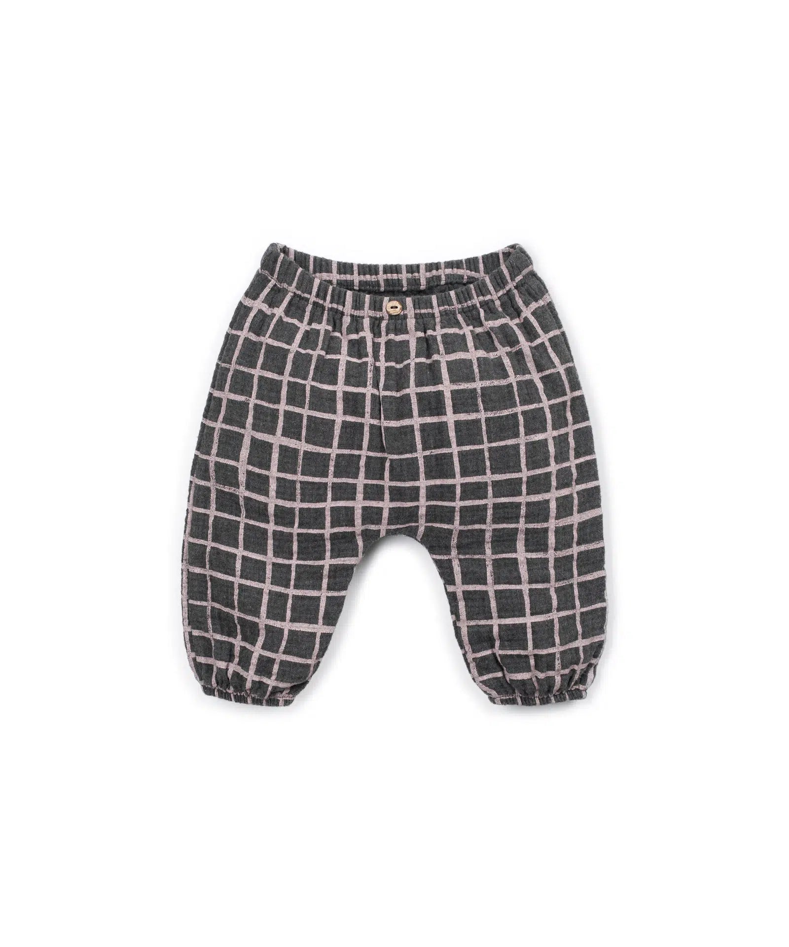 Pantalón Bebé Algodón Gris Cuadros Rosas de Play Up - vista frontal.
