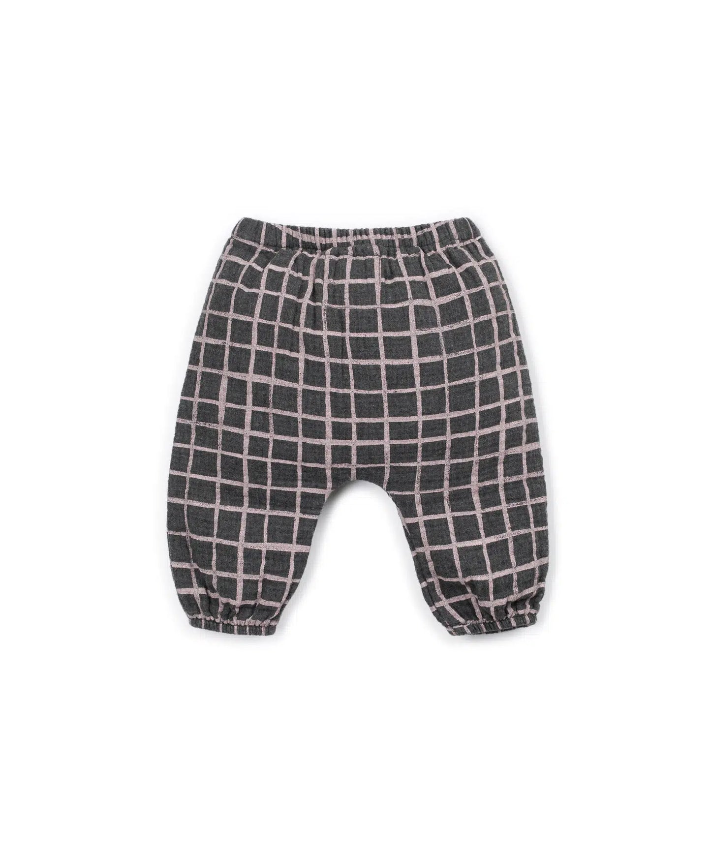 Pantalón Bebé Algodón Gris Cuadros Rosas de Play Up - vista trasera.