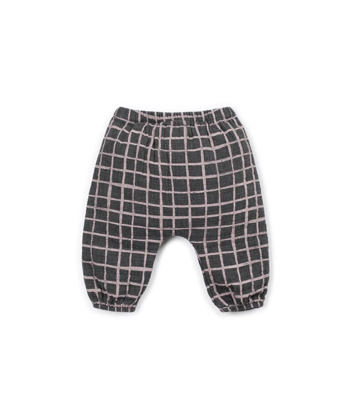 Pantalón Bebé Algodón Gris Cuadros Rosas de Play Up - vista trasera.