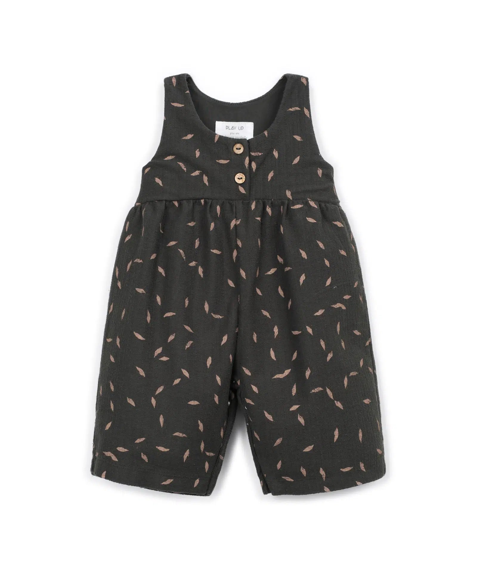 Peto Bebé Algodón Gris Oscuro Estampado Vegetal de Play Up - vista frontal.