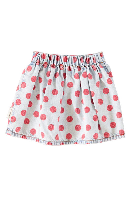 Parte trasera de falda de niña azul claro con lunares rojos de piupiuchick.