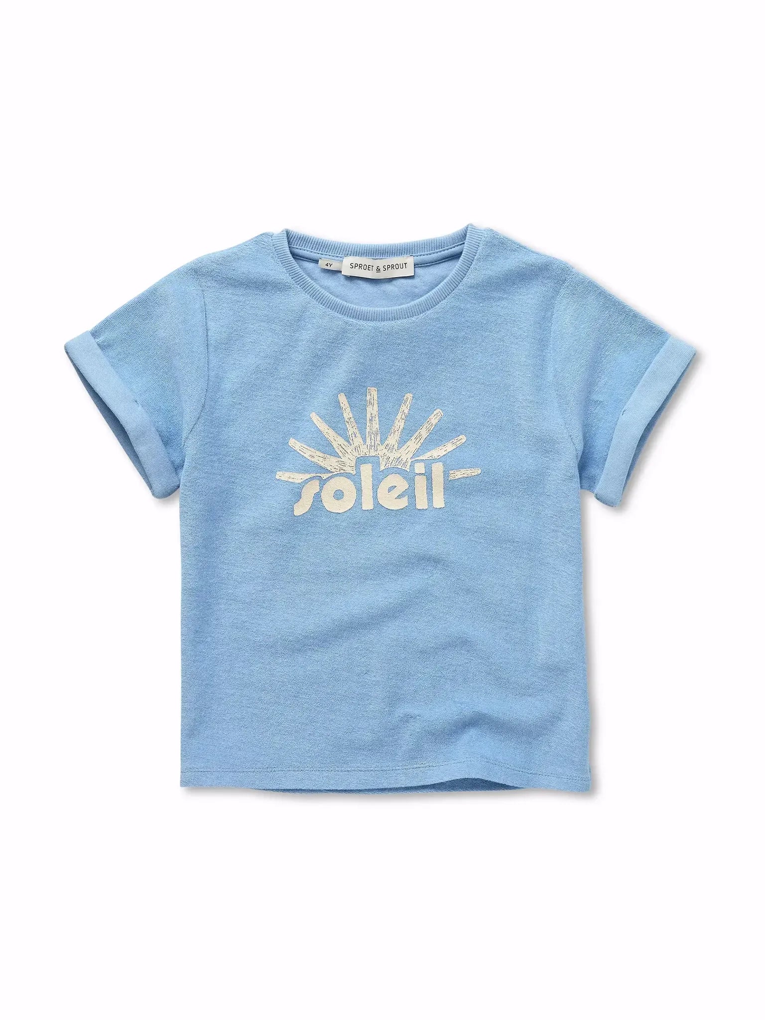 Camiseta azul de niño con sol amarillo y texto Soleil de Sproet & Sprout.