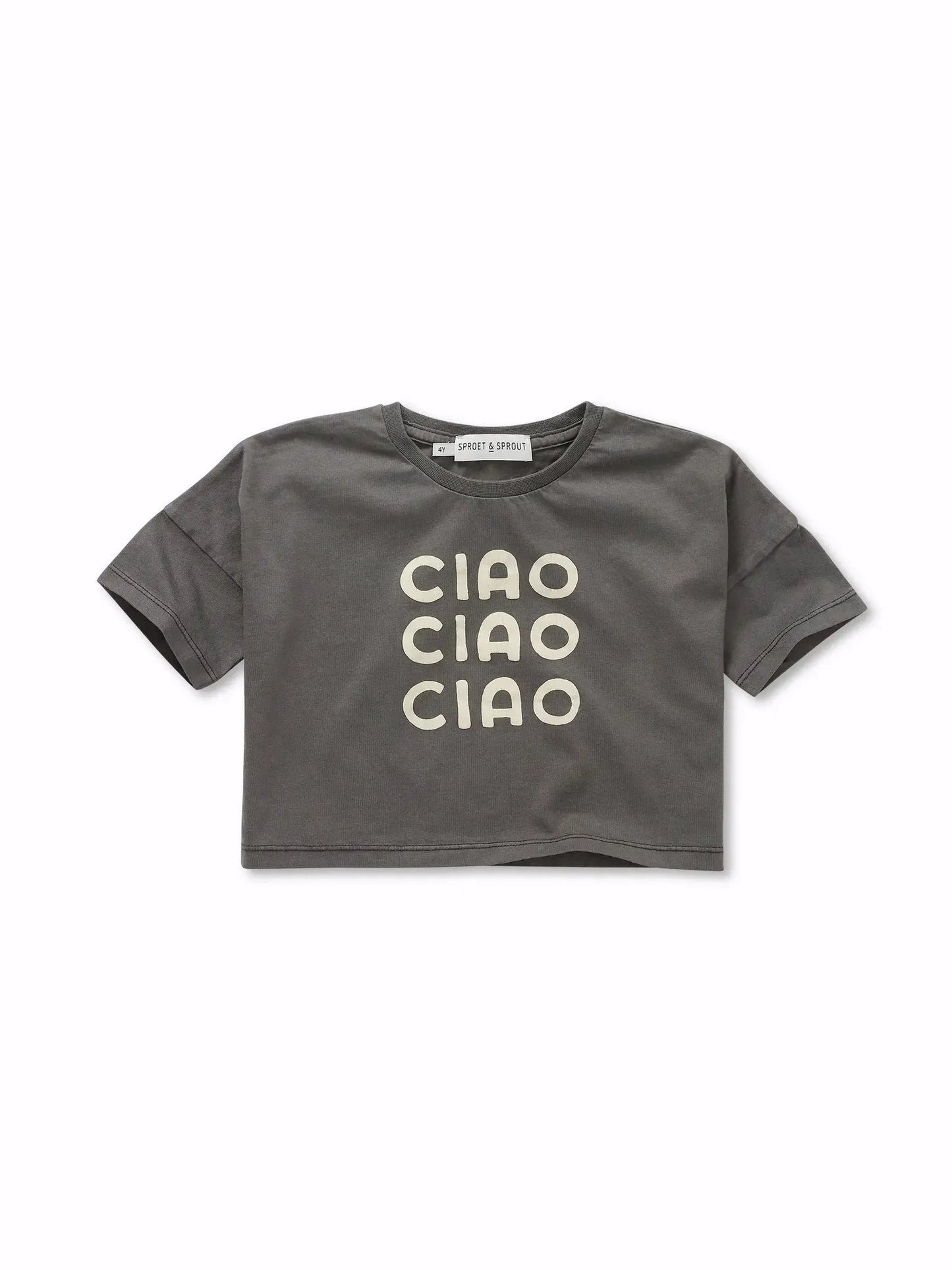 Camiseta corta negra de niña con estampado Ciao de Sproet & Sprout.