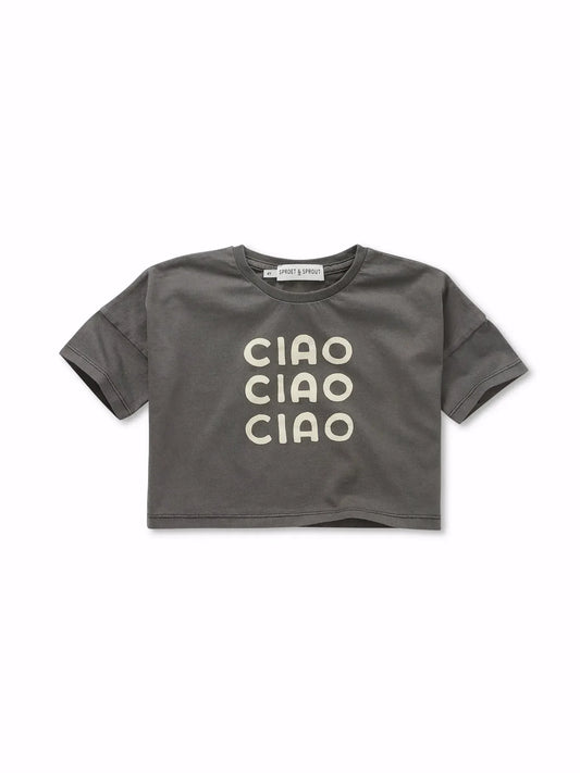Camiseta corta negra de niña con estampado Ciao de Sproet & Sprout.
