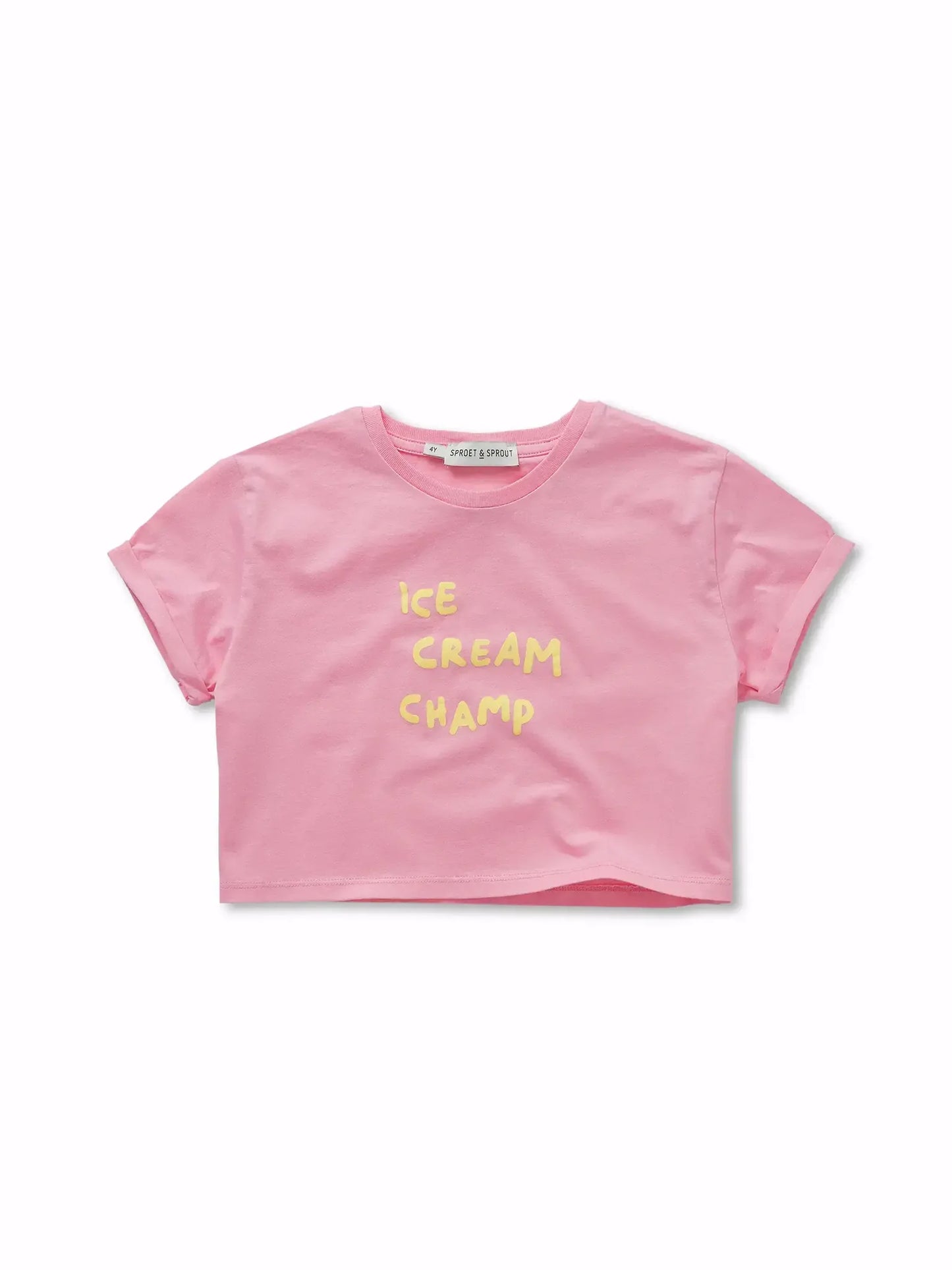 Camiseta rosa de niña con helado y texto Ice Cream Champ de Sproet & Sprout.