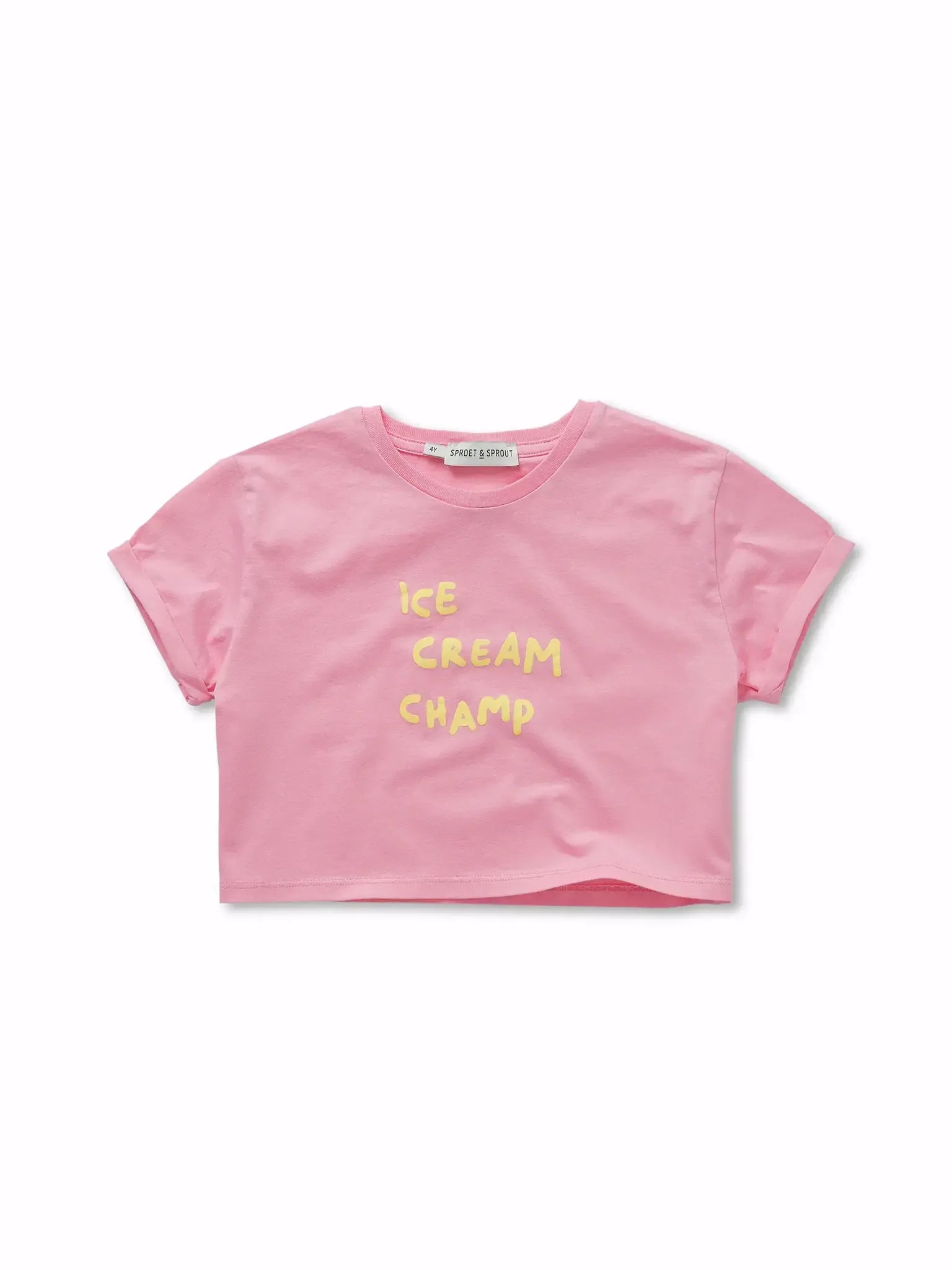 Camiseta rosa de niña con helado y texto Ice Cream Champ de Sproet & Sprout.