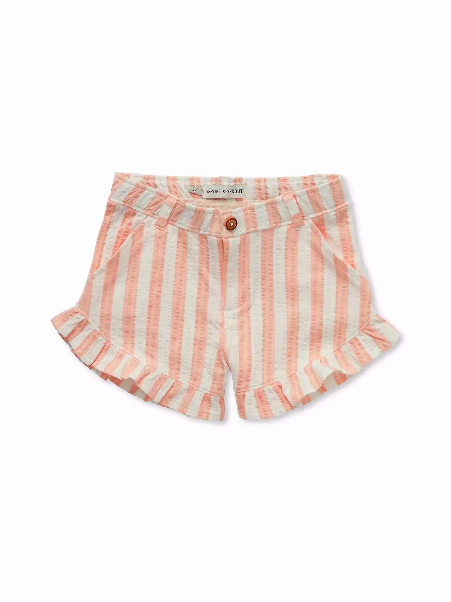 Pantalón corto de niña con rayas rosas y volantes de Sproet & Sprout.