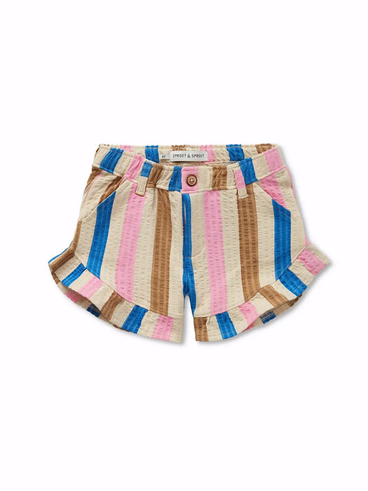 Pantalón corto de niña con rayas multicolor y volantes de Sproet & Sprout.