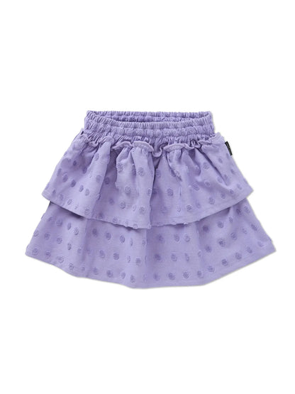 falda de niña lila Lunares Volantes de Sproet & Sprout, vista frontal.