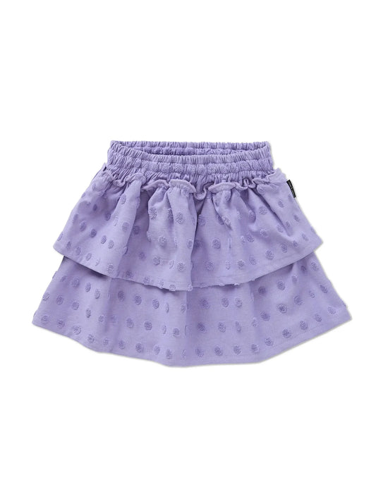 falda de niña lila Lunares Volantes de Sproet & Sprout, vista frontal.