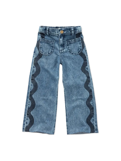 pantalón de niña azul Ondas Vaquero de Sproet & Sprout, vista frontal.