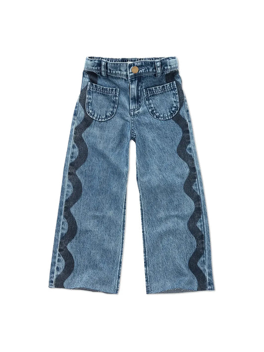 pantalón de niña azul Ondas Vaquero de Sproet & Sprout, vista frontal.