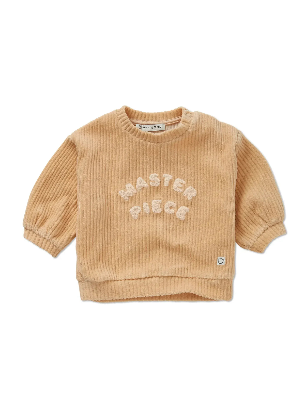 sudadera de bebé beige Master Piece de Sproet & Sprout, vista frontal.