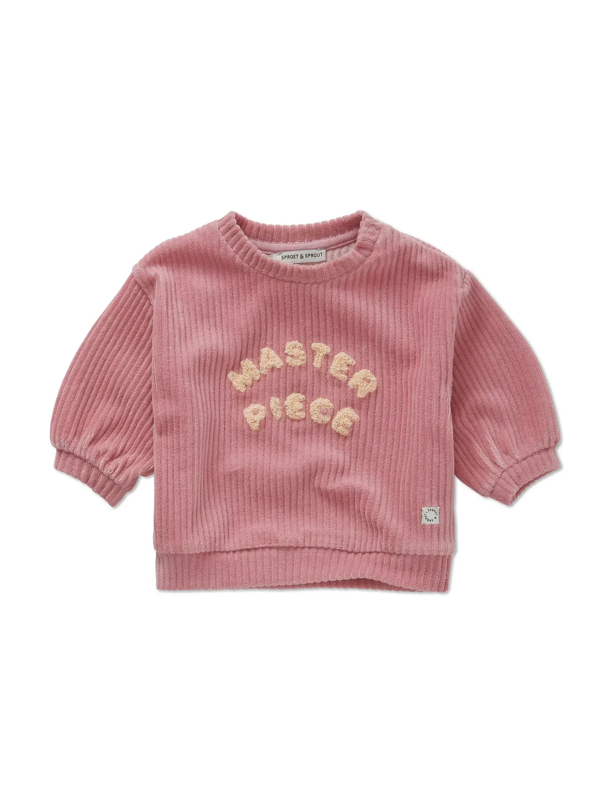 sudadera de bebé rosa empolvado Master Piece de Sproet & Sprout, vista frontal.