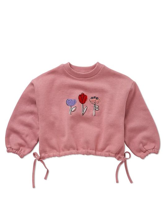 sudadera de niña rosa empolvado Lazos de Sproet & Sprout, vista frontal.