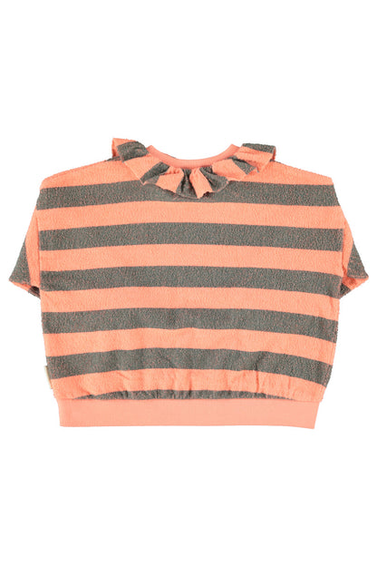 Detalle de sudadera de niña rosa y verde con rayas de piupiuchick.