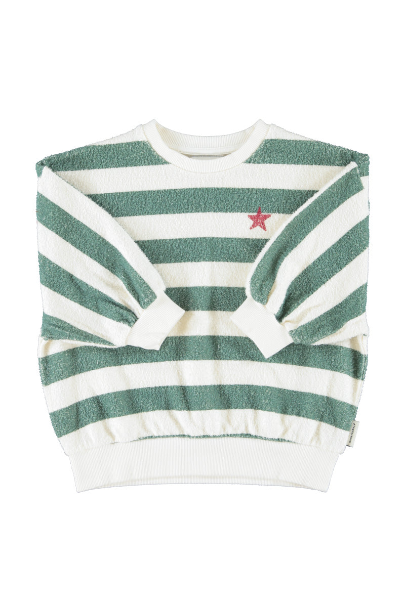 Detalle de sudadera de niño crudo y verde con rayas de piupiuchick.