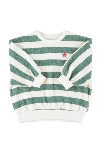 Detalle de sudadera de niño crudo y verde con rayas de piupiuchick.