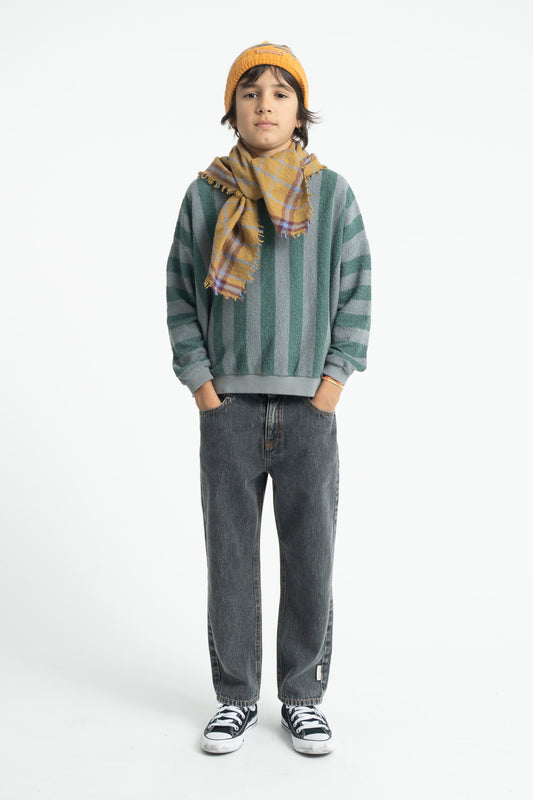 Parte trasera de sudadera de niño gris y verde con rayas de piupiuchick.
