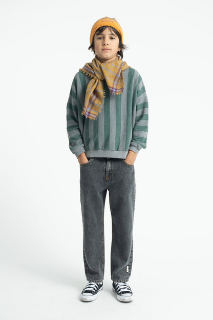 Parte trasera de sudadera de niño gris y verde con rayas de piupiuchick.