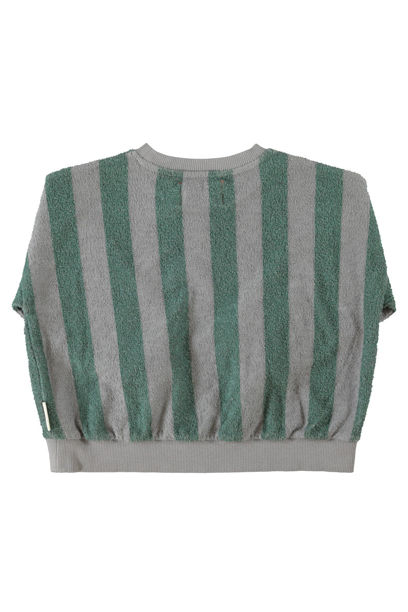 Detalle de sudadera de niño gris y verde con rayas de piupiuchick.