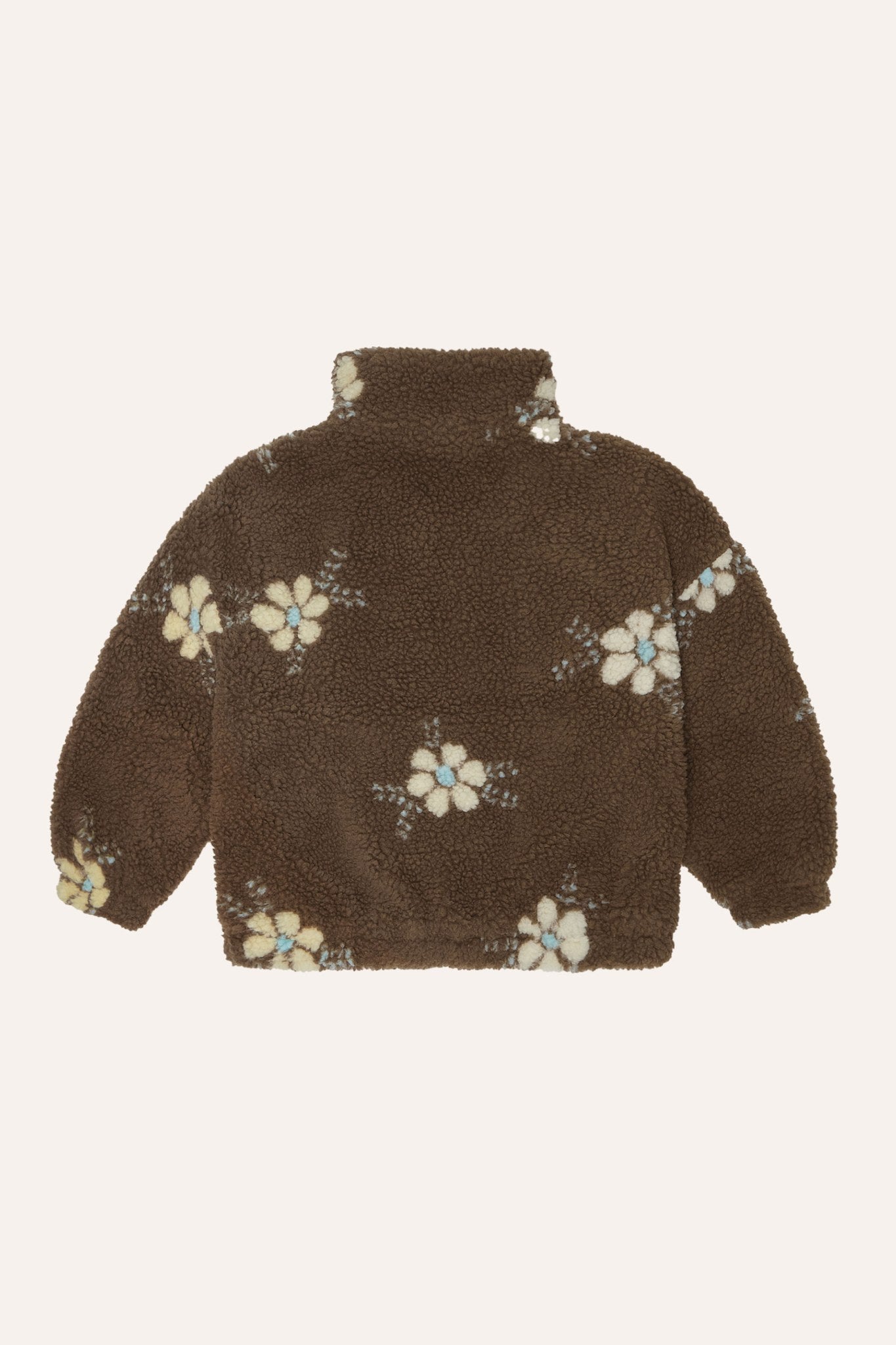Chaqueta infantil marrón de borreguito con flores, vista trasera.
