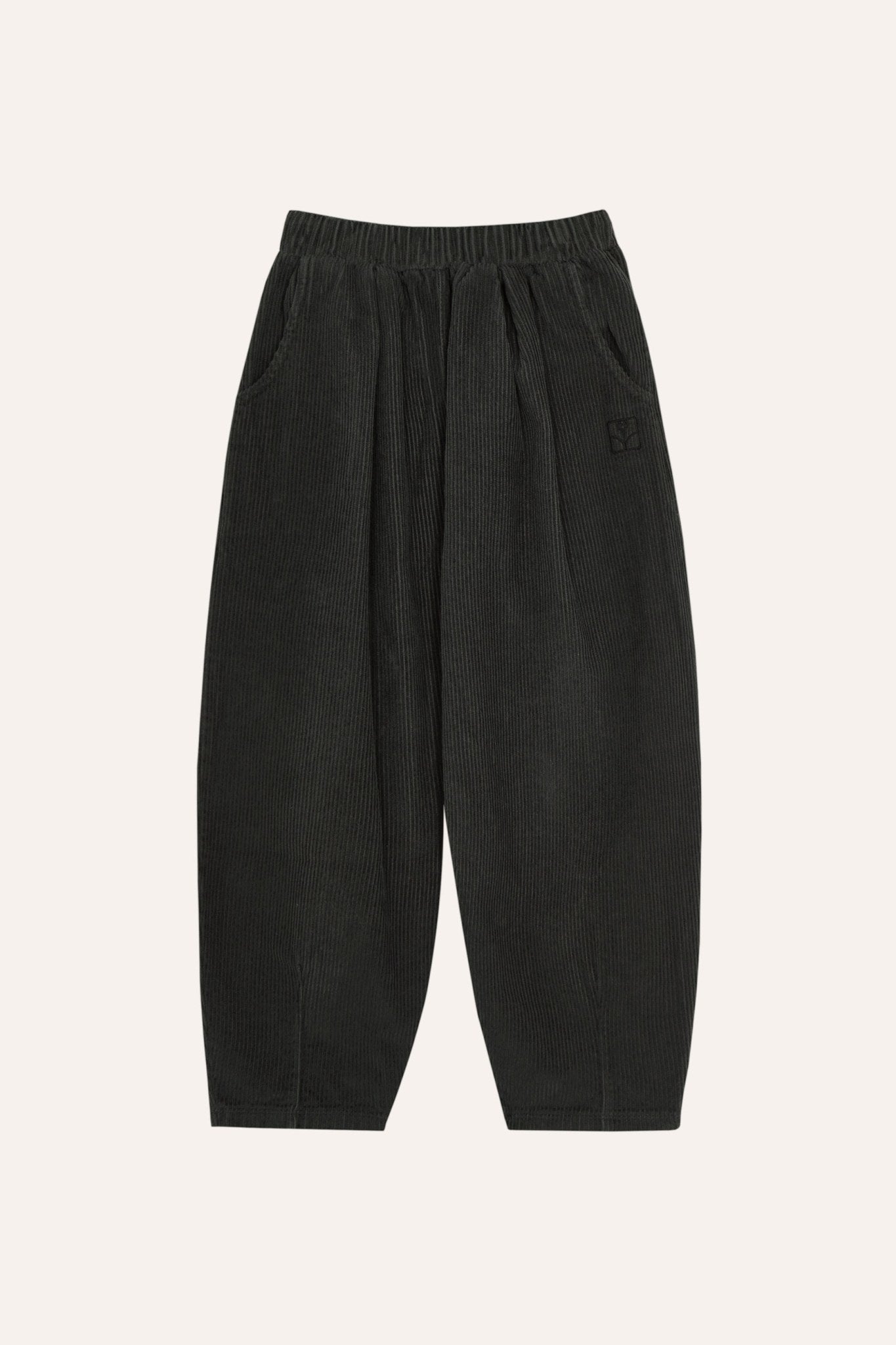 Pantalón infantil gris oscuro de pana, vista frontal.