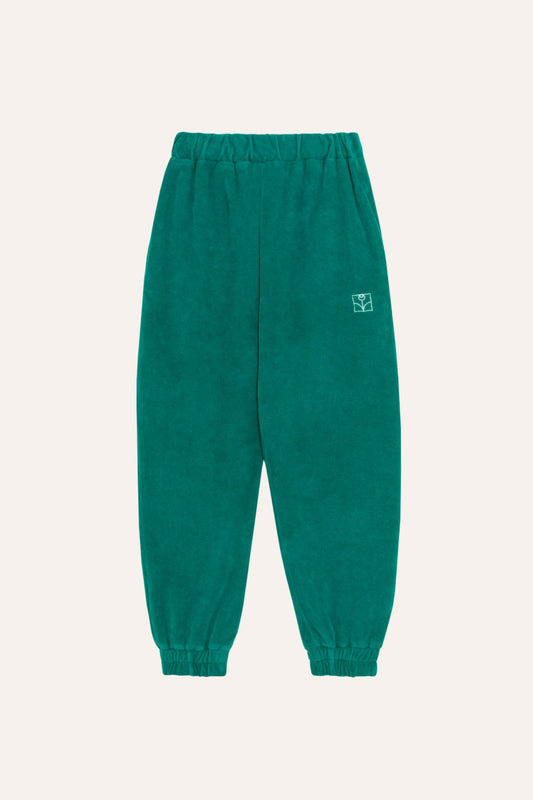 Pantalón infantil verde de terciopelo, vista frontal.