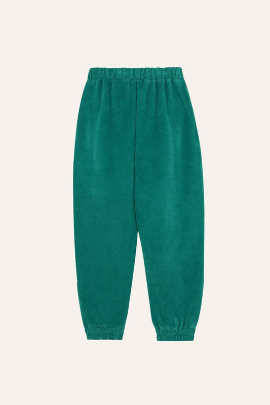 Pantalón verde de terciopelo con cintura elástica, vista trasera.