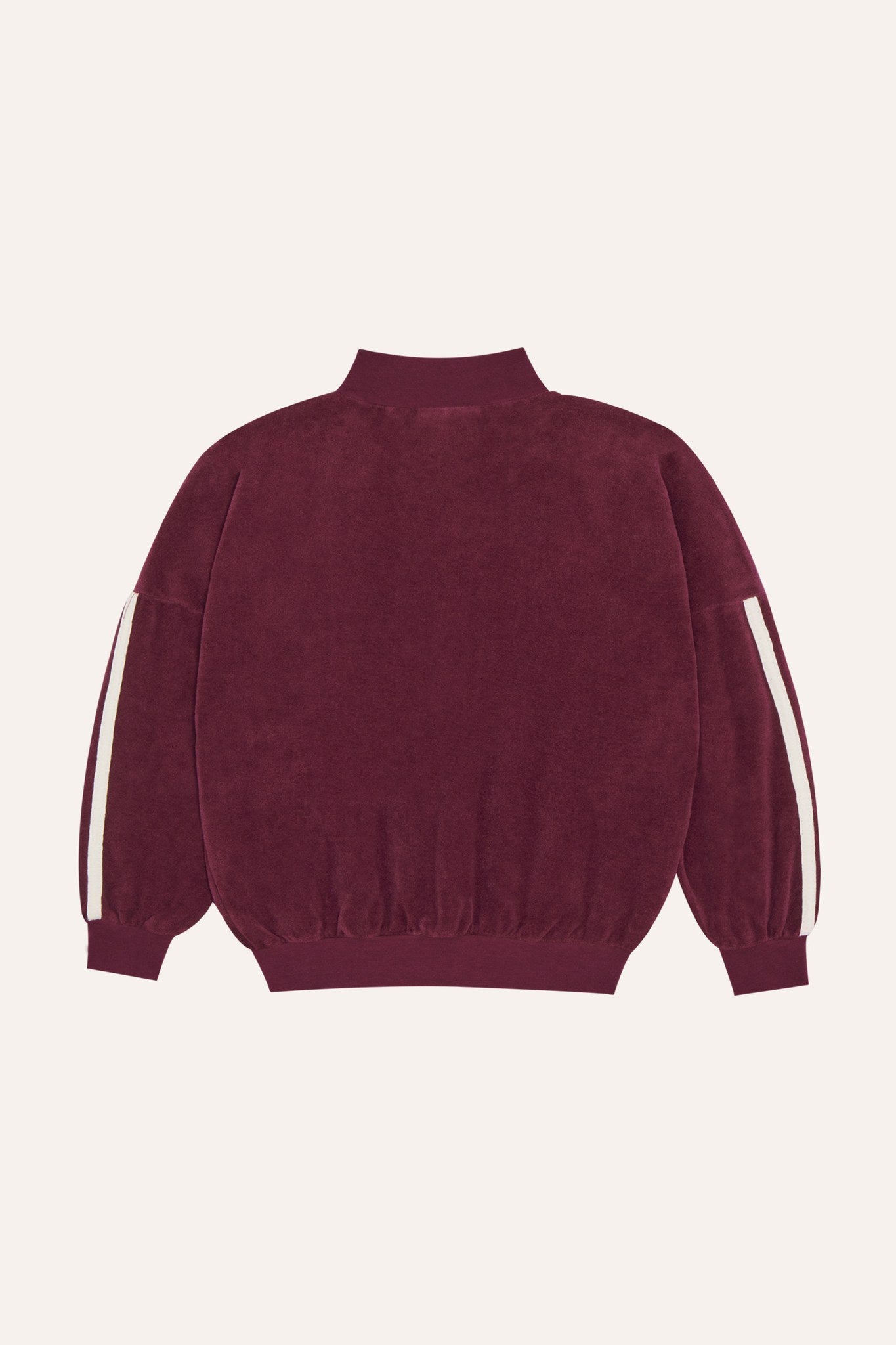 Sudadera de terciopelo burdeos con bandas en las mangas, vista trasera.