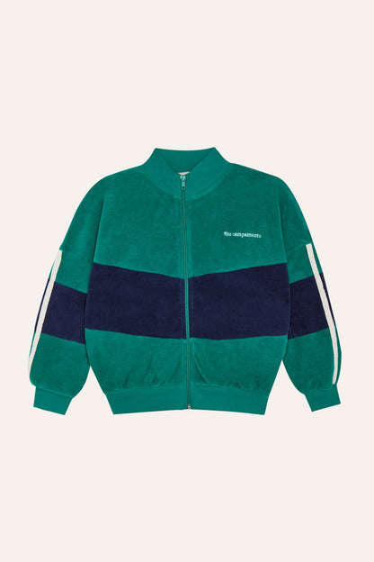 Sudadera de terciopelo verde con franja azul marino, vista frontal.