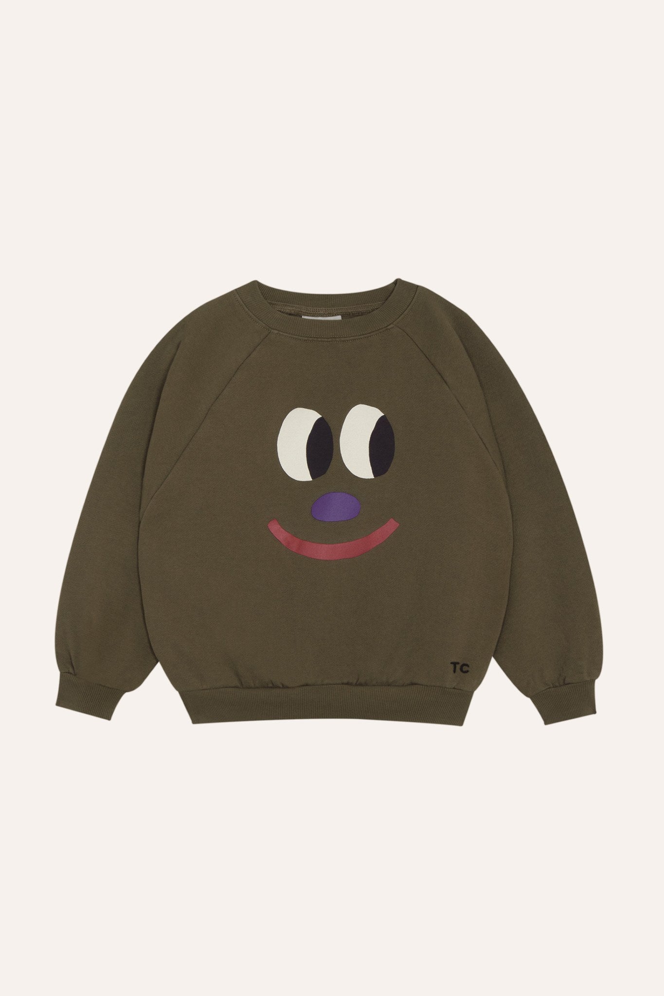 Sudadera infantil marrón con cara sonriente, vista frontal.