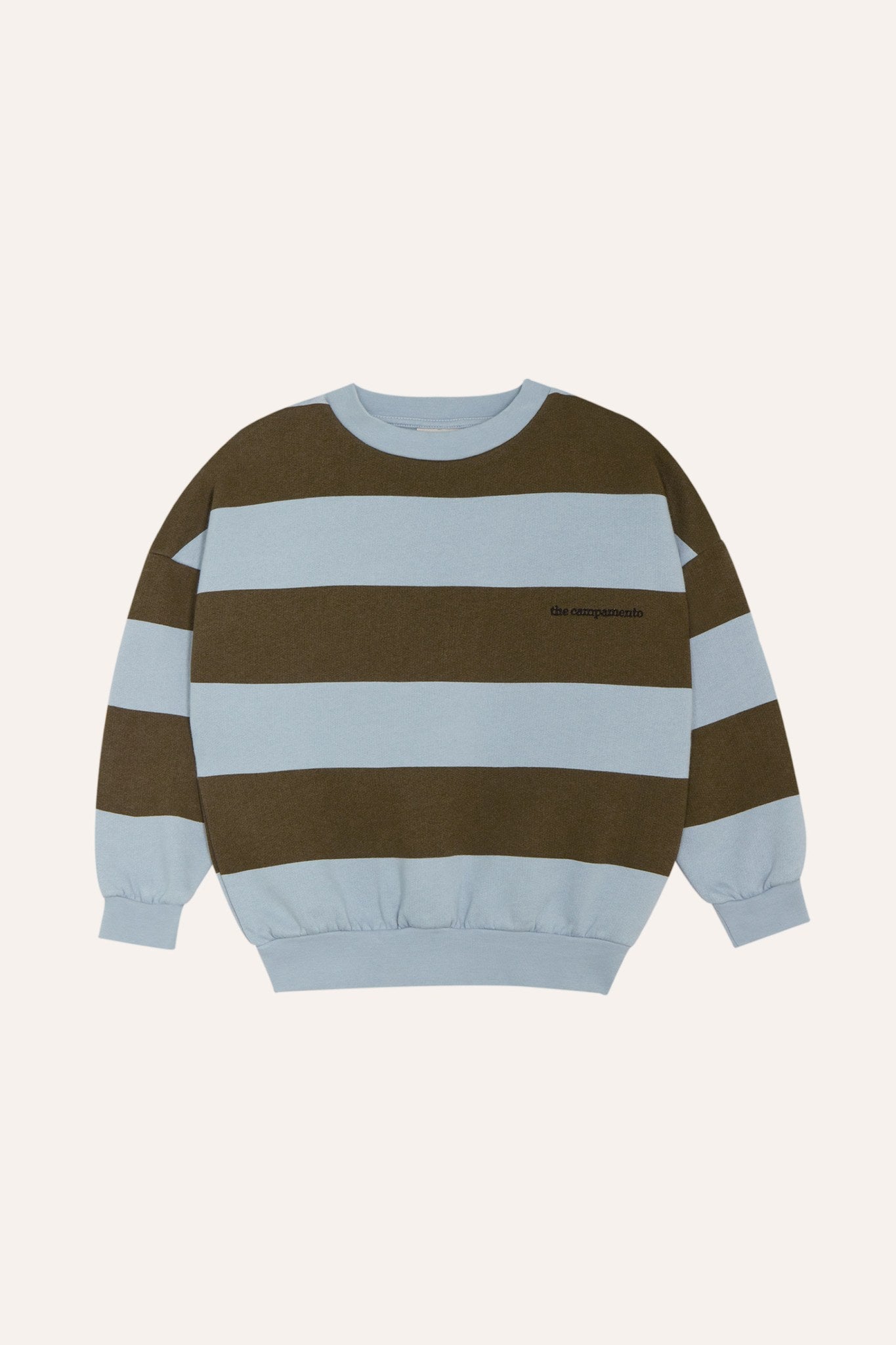 Sudadera infantil de rayas anchas marrones y azul claro, vista frontal.
