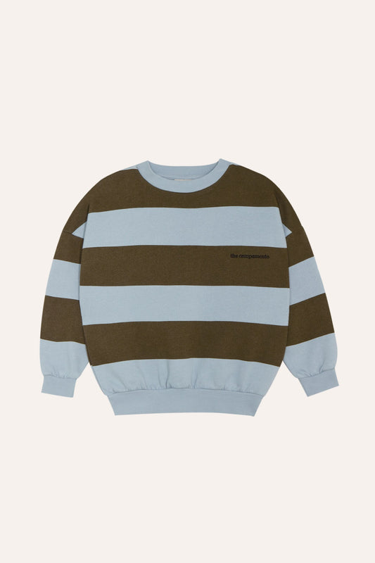 Sudadera infantil de rayas anchas marrones y azul claro, vista frontal.