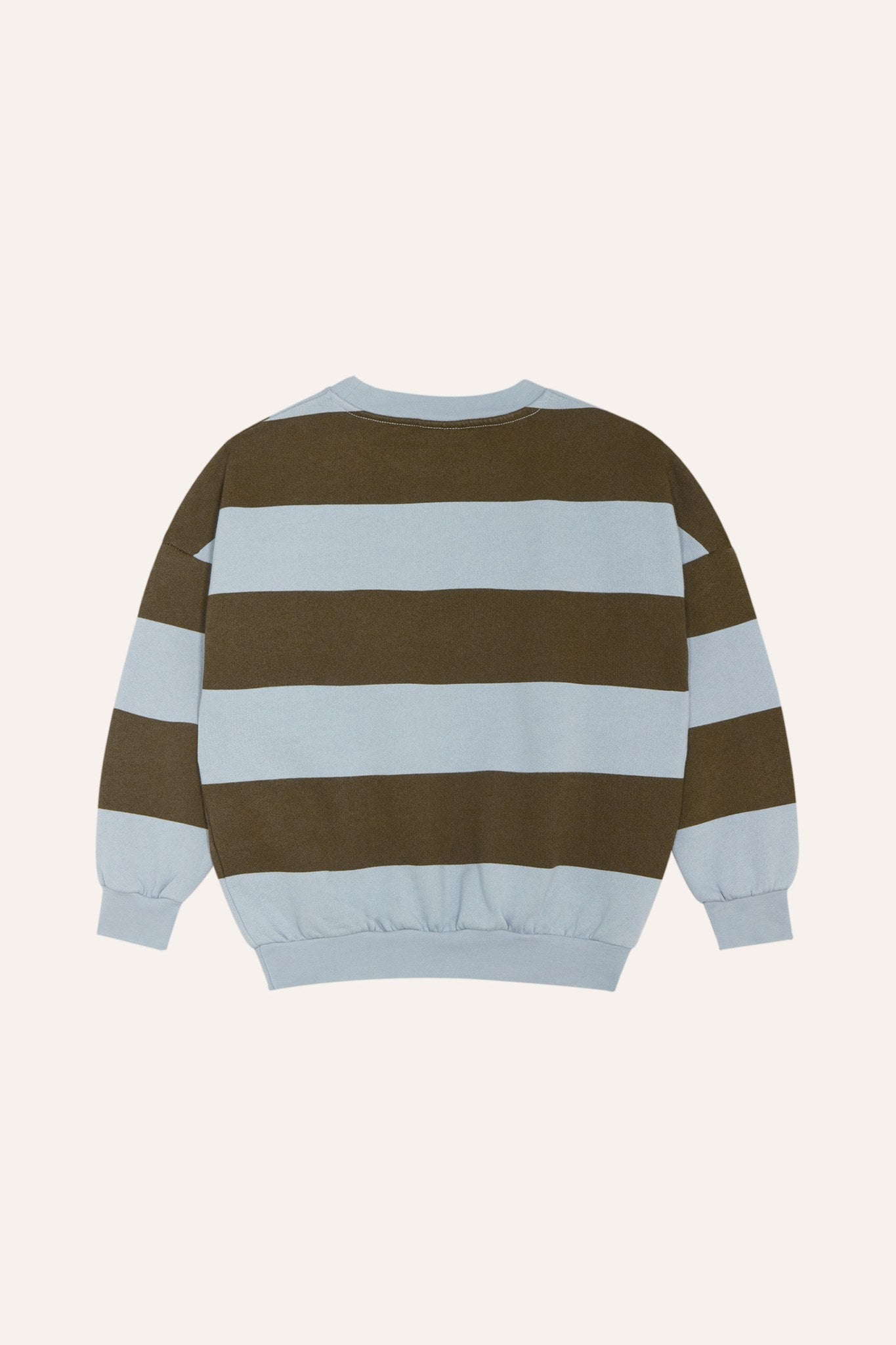 Sudadera de rayas marrones y azul claro, vista trasera.