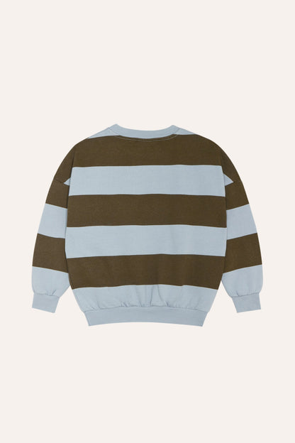 Sudadera de rayas marrones y azul claro, vista trasera.