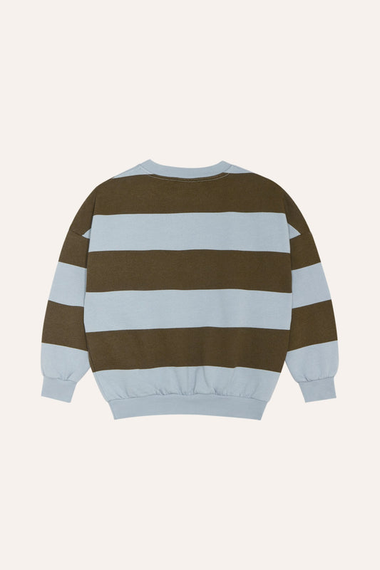 Sudadera de rayas marrones y azul claro, vista trasera.