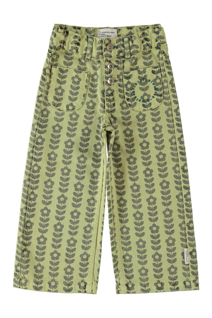 Pantalón Acampanado de niña verde con flores negras de Piupiuchick.